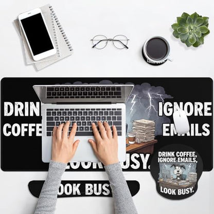 Britimes Funny Coffee Dog Keyboard Mouse Pad Set Retro Black 4in1 Large Mousepad+Keyboard Wrist Rest+Mouse Wrist Rest+Coaster Ergonomic Design for Home Office Computer 35.4x15.7 inches - color: Funny Coffee Dog