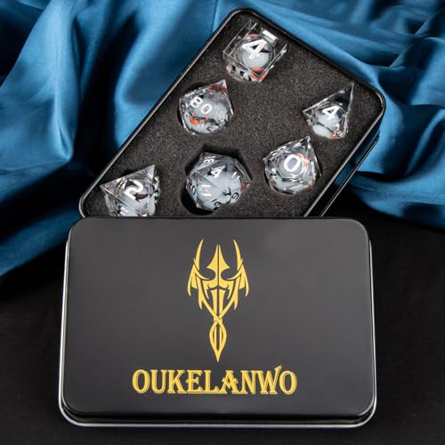 OUKELANWO Liquid Core Koi Fish DND Dice Set with Box, 7Pcs Sharp Edge Resin Role Playing D&D Dice, Ocean D and D D20 D12 D10 D8 D6 D4 Dice