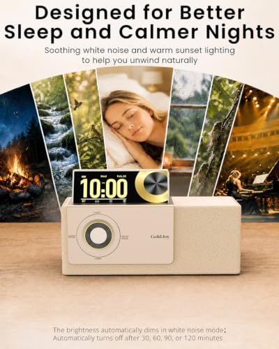 GoldJoy 7 in 1 Bluetooth Speaker Wireless Charging Station for Home Gift | Sound with Punchy Bass, Sunset Lamp & White Noise for Sleep, Smart Flip-Up LCD Display, Clock Syncs Phone's Time and Date - color: Beige