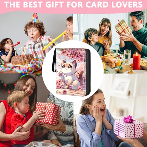 4 Pocket Trading Card Binder, Holds 400 Cards, PU Zipper Binder | PU leather cover, holds 400 cards, 50 removable pages, zipper closure, portable storage and protection. - color: Cute cat