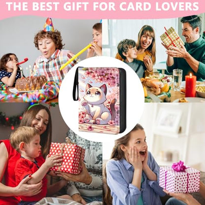 4 Pocket Trading Card Binder, Holds 400 Cards, PU Zipper Binder | PU leather cover, holds 400 cards, 50 removable pages, zipper closure, portable storage and protection. - color: Cute cat