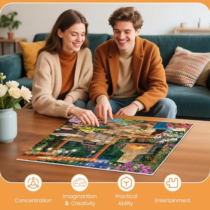 Cozy Flowers Garden Patio & Fireplace 500 Piece Puzzle, Relaxing Game | Fun and challenging for family time, relaxing gift for adults and seniors, 20.5 x 15 in - style: Night Patio