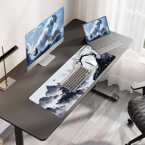 Large Mouse Pad Japanese Desk Mat, XL Anime Gaming Mouse Pad | Smooth Tracking, Non-slip Rubber Base, Durable Stitched Edges, Extended Mousepad for PC/Laptop/Office/Home - color: Ink Hill