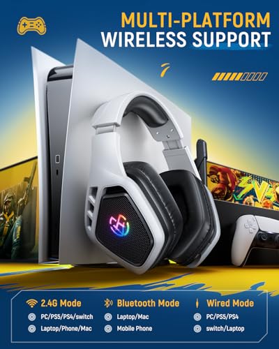 Tatybo Wireless Gaming Headset with Mic, 7.1 Sound 50mm Driver, White Black | 3-mode 2.4G/BT 5.3/USB-C; 30H battery; low latency for PS5/PS4/PC/Switch/Laptop - color: White Black