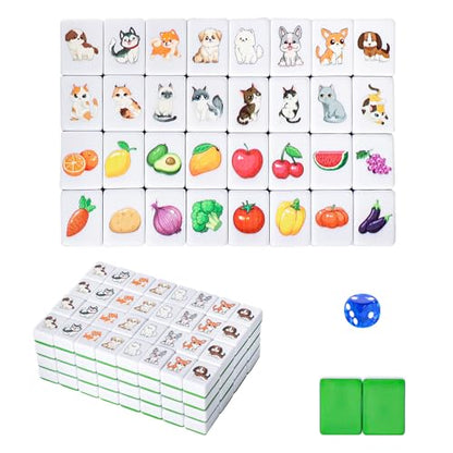 GRACIAS 4 Players Mahjong Block Set, 128 Green Tiles(1.18”) with Animal and Food Pattern, Portable Mahjong Set with A Carry Bag, Mahjong Tile Game - color: Green