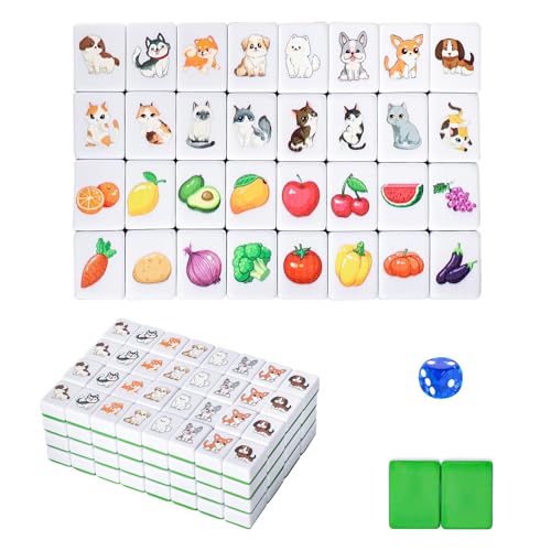 GRACIAS 4 Players Mahjong Block Set, 128 Green Tiles(1.18”) with Animal and Food Pattern, Portable Mahjong Set with A Carry Bag, Mahjong Tile Game - color: Green