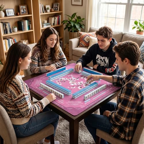 Rollup Shipped American Mahjong Mat with Rules No Crease | 32.6x32.6 inch with Velvet Bag Non Slip Noise Reduction Mahjong Mats with Rules Pink Plum Blossom Design - color: Pink Plum Blossom