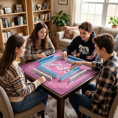 Rollup Shipped American Mahjong Mat with Rules No Crease | 32.6x32.6 inch with Velvet Bag Non Slip Noise Reduction Mahjong Mats with Rules Pink Plum Blossom Design - color: Pink Plum Blossom