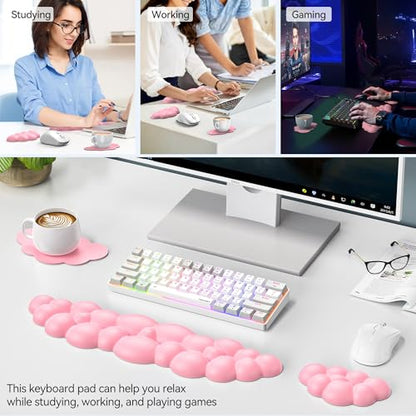TECKNET Cloud Keyboard Wrist Rest Set, Cloud Wrist Rest with Non-Slip Base, PU Leather Wrist Pad for Keyboard with Ergonomic Memory Foam for Computer Laptop Office Gaming and Pain Relief, Dark Pink - color: Dark Pink