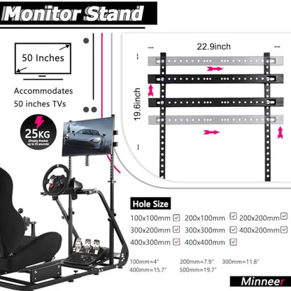 Minneer Racing Simulator Cockpit with Black Seat and Monitor Stand Fit for Logitech G29 G920, for Thrustmaster T248 T300, for Fanatec Reinforced Expandable. Wheel, Pedal, Handbrake Not Included