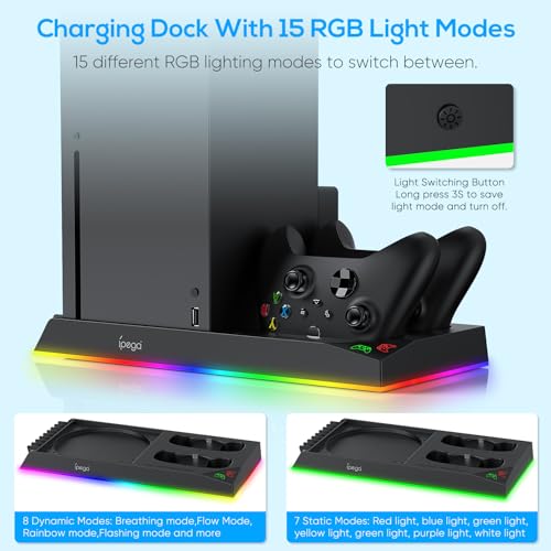 RGB Charging Stand with Cooling Fan for Xbox Series X Console & Controller | Dual Charge Station Cooler System Accessories with 15 RGB Light,2x1400mAh Rechargeable Battery,Headphone Stand,Game Disc Slot