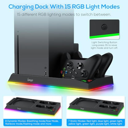 RGB Charging Stand with Cooling Fan for Xbox Series X Console & Controller | Dual Charge Station Cooler System Accessories with 15 RGB Light,2x1400mAh Rechargeable Battery,Headphone Stand,Game Disc Slot