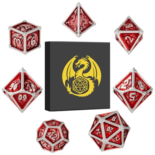 Metal Dice Set, Fly Dragon Pattern, 7pcs Polyhedral Metal DND Dice Set, DND Starter Set, D&D Gifts with Gift Box, Role Playing Board Games Accessories, Red ﻿ - color: Red