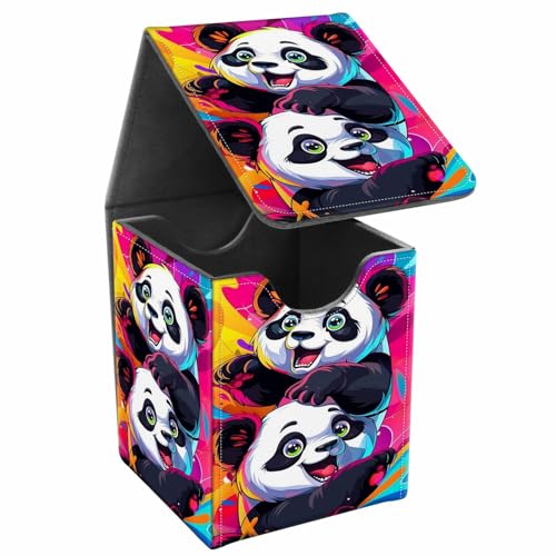 Card Deck Box, Card Storage Box Fits 100+ Single Sleeved Cards, Large Capacity PU Leather Card Storage Box with Strong Magnet for Magic Commander TCG CCG, Cute Panda Playing - color: Cute Panda Playing