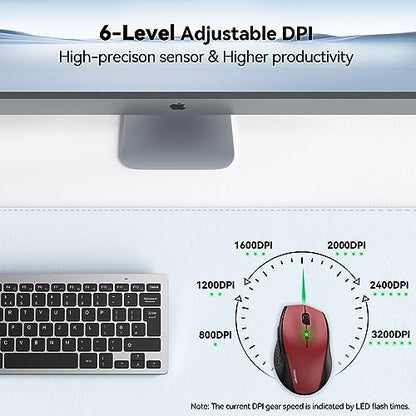 TECKNET 2.4G Wireless Mouse, 4800 DPI Ergonomic Computer Mouse, USB, Red | Mouse for Laptop with USB Receiver, 6 Adjustable DPI, Quiet Click, 30-Month Battery, 6 Button, Portable for PC Chromebook Mac - color: Red