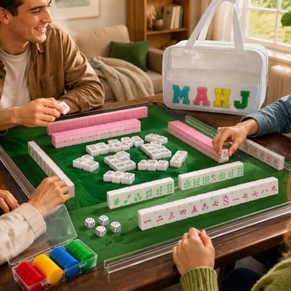 American Mahjong Game Set,Mahjong Set,Complete Mahjong Tile Set with 166 White Tiles (1.2’’),4 Tile rulers,4 dice,1 Bag,100 Chips,5 Instruction Manuals,Mahjong Game Gift for Enthusiasts