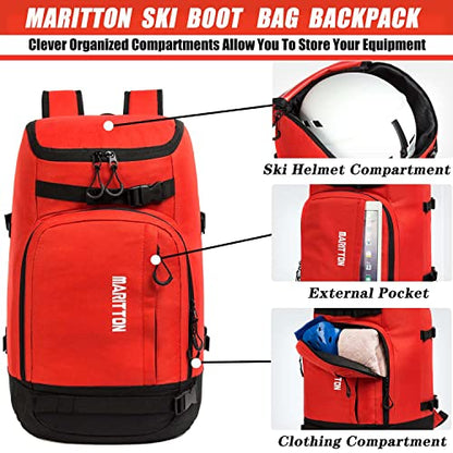 Ski Boot Bag - Boot Travel Backpack for Snowboard & Ski Boots, Helmet, Goggles, Gloves, Accessories - color: red