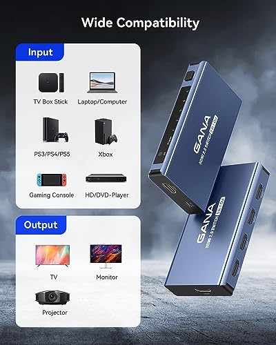 HDMI Switch 5 in 1 Out 4K@60Hz, GANA HDMI Splitter Switcher with Remote, Aluminum HDMI 2.0 Switch Box Hub for 3D, HDCP2.2, HDR, Compatible with Xbox, PS5/4/3,Fire Stick,Roku,Blu-Ray Player, Blue - color: Blue