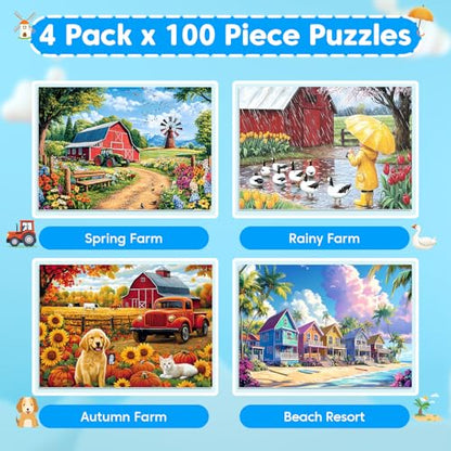 100 Piece Puzzles for Kids Ages 4-6 6-8 8-10 | Farms Beach Resort Jigsaw Puzzles for Seniors Adults, Educational Learning Toys Gifts for Girls Boys 4-Pack 15"x11" - style: Farms & Beach Resort
