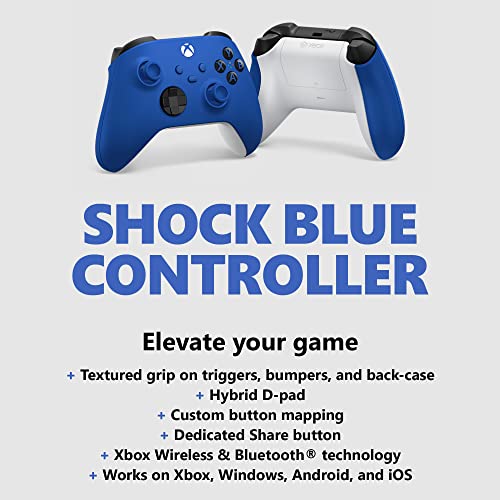 Xbox Wireless Controller - Shock Blue - Bluetooth - USB - Xbox Series X, S, One, PC, Android, iOS, Tablet - 19 Buttons - 90 Days Warranty