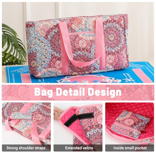 American Mahjong Tile Set with Pink Printed Carrying Bag, 166 Blue Tiles, 4 All-in-One Color Racks/Pushers, Mah Jongg Sets, Mahjong Game Set for Travel, Christmas, Birthday Gifts - color: Pink（blue Tiles）