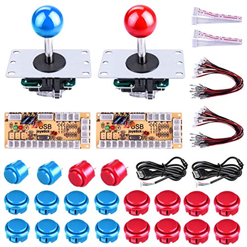 Gamelec 2-Player Arcade Buttons and Joystick DIY Controller Kit for Windows and Raspberry Pi,x 5 Pin Joysticks,Red and Blue Each with 10 Buttons