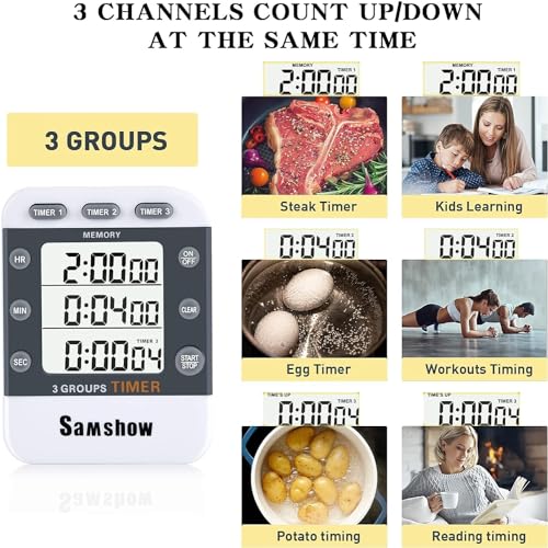 Digital Kitchen Timers for Cooking, 2 Pack | Triple Timer Count UP/Down, Large LCD Display, Adjustable Volume, Loud Alarm, Magnetic, Battery Included - color: 382-2 White