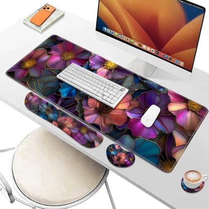 Desk Pad and Keyboard Wrist Rest, Large Mouse Pad + Keyboard Pad+Mouse Wrist Support, Non-Slip Desk Mat Protector for Office, Home 31.5×11.8 Inches Glass Flower - color: Glass Flower