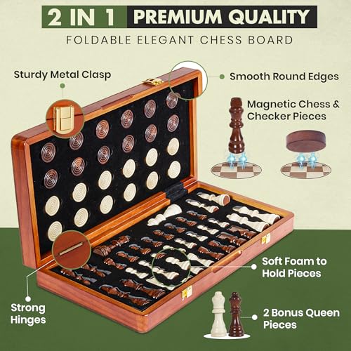 15'' 2 in 1 Wooden Magnetic chess and checkers set (2 Extra Queens, Foldable Chess set & Cotton Storage Bag) Magnetic Chess Sets for Adults with Color Gift Box, Handmade Checkers Board Game