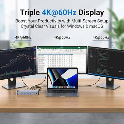 13-in-1 Laptop Docking Station 3 Monitors for Mac and Windows, USB C Hub with Triple 4K@60Hz (2DP+1HDMI), 100W PD Charging, One-Click Screen Off Switch, 10Gbps Data, Gigabit LAN, for Office and Gaming - style: 13 IN 1