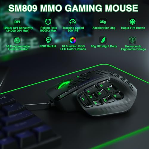 SOLAKAKA SM809 Wired MMO Gaming Mouse,24000 DPI,16 Programmable,RGB PC Gaming Mice,Black