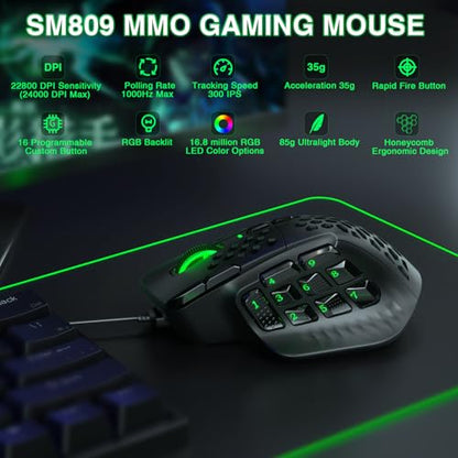 SOLAKAKA SM809 Wired MMO Gaming Mouse,24000 DPI,16 Programmable,RGB PC Gaming Mice,Black