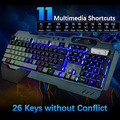 Wireless Gaming Keyboard Mouse & Mouse Pad Combo,3 in 1 Rainbow Backlit Rechargeable Keyboard with 3800mAh Battery Metal Panel Removable Hand Rest,RGB Gaming Mouse Pad(32.5x12 inch),Mute Gaming Mice - color: Rainbow