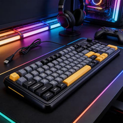 PUSOKEI Wired Gaming Keyboard, RGB Backlit Membrane Keyboard with Knob, Silent Anti Ghosting Keys, PBT Keycaps, Ultra Compact Ergonomic Keyboards for PC Laptop