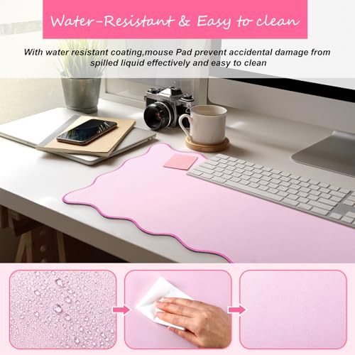 Hahafelt Scalloped Desk Mat Large Desk Pad Cute Coquette Table Mat Back to School Preppy Table Make up Pad Nonslip Graduation Gift with Stitching Waterproof Gaming(Pink,31.5 x 15.8 Inches) - color: Pink, size: 31.5 x 15.8 Inches