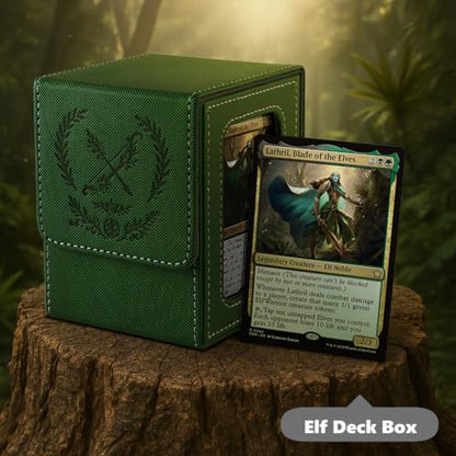 Elf Themed MTG Deck Box with Commander Display (Green and Grey) | Holds 120 Single/100 Double-Sleeved Cards, Fit MTG/PTCG/OPTCG Cards, Strong Magnet, PU Leather, With 2 Dividers & 1 Toploader - color: Elf