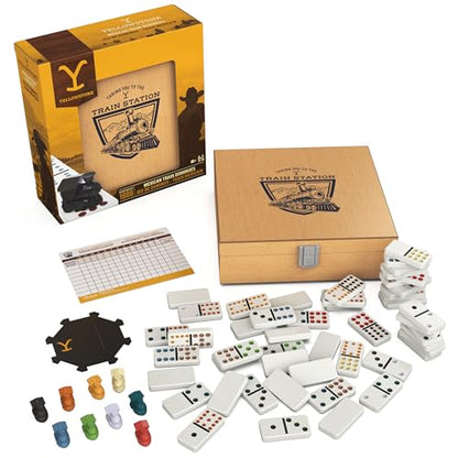 Spin Master Games Yellowstone Mexican Train Dominoes Classic Game | Fun Family Game, Yellowstone Themed Trains, Includes 91 Double-12 Dominoes & Wood Storage Case, 2-8 Players, Ages 8+