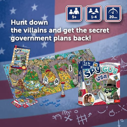 Trefl Spy Guy USA Cooperative Detective Game, Family Board Game, Huge Cartoon Board, US Monuments and Symbols, for Adults and Children Aged 5 and Over