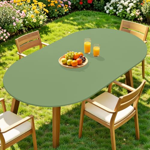 Moosfor Spandex Oval Tablecloth, Fitted Table Cloth for 48" x 68" Tables | Elastic Outdoor Picnic Table Cover, Circle Stretch Waterproof Table cloths for Patio, Dining, Kitchen, Sage Green - color: Sage Green, size: 68" x 48" (Oval)