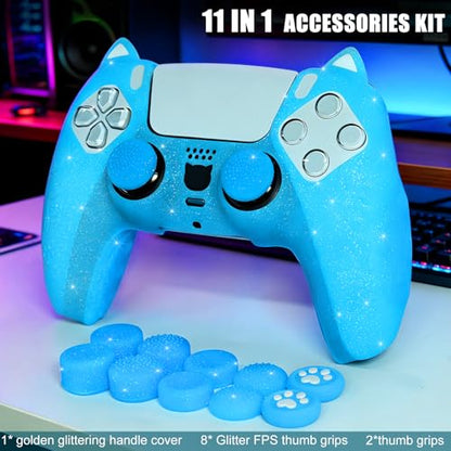 Blue Cat Glitter Anti-Slip Protective Silicone Cover Skin Grips Compatible with PS5/Slim/Pro Controller,8 PCS Glitter Thumb Grips Caps and 2 Paw Grips Caps. (Cat Blue) - color: Cat Blue