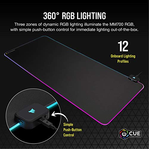 Corsair MM700 RGB Extended Cloth Gaming Mouse Pad - 36.6" x 15.8" - 360° RGB Lighting - Two USB Port Hub - Thick Rubber - Black - size: 36.6L x 15.8W inches