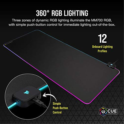 Corsair MM700 RGB Extended Cloth Gaming Mouse Pad - 36.6" x 15.8" - 360° RGB Lighting - Two USB Port Hub - Thick Rubber - Black - size: 36.6L x 15.8W inches