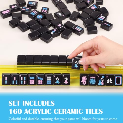 166 Pieces Solid Black American Mahjong Tiles Set, Single-Layer Western Style Mahjong Tabletop Game with Joker, Seasons Tiles - color: Black, size: 1.2 Inches