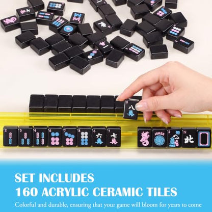 166 Pieces Solid Black American Mahjong Tiles Set, Single-Layer Western Style Mahjong Tabletop Game with Joker, Seasons Tiles - color: Black, size: 1.2 Inches