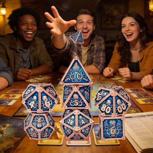 Metal Dice Set, Octopus Pattern, 7pcs Polyhedral Metal DND Dice Set, DND Starter Set, D&D Gifts with Gift Box, Role Playing Board Games Accessories, Red Copper Border Blue - color: Blue With Gift Box