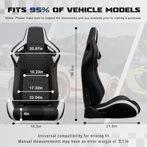 2 Pcs Adjustable Universal Racing Seats with Double Sliders, Reclinable Bucket Seats, 1 Pair of Sport Seats for Vehicles (Black&White-B) - color: Black&White-B