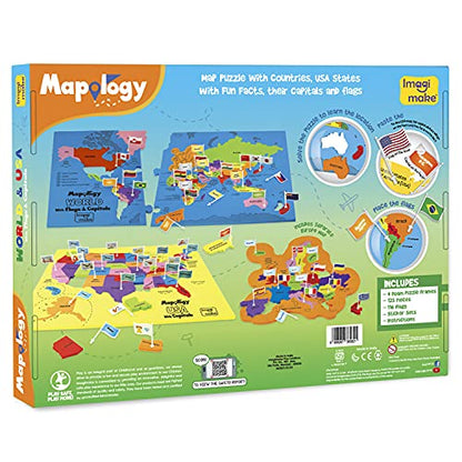 Imagimake Mapology USA & World Map Puzzle with Flags, Capitals, Stickers | Educational Toys for Ages 5-7 | Jigsaw Puzzles for Kids Ages 8-10 | Geography Toys for Age 8-13 | 6 Year Old Boy & Girl Gifts - style: USA & World Map