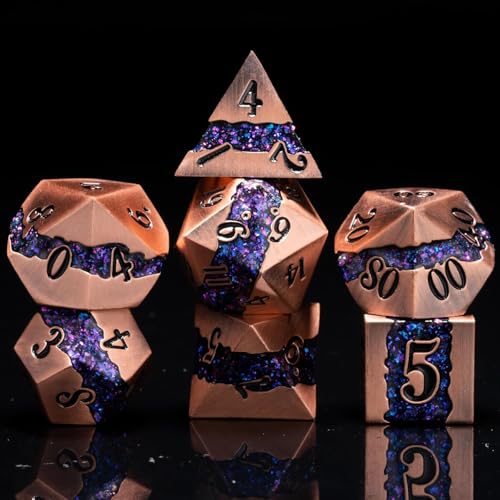 Premium Metal Dice Set for DND, 7PCS Polyhedral RPG Dice with Galaxy Glitter Inlay, Unique Metal Dice for Dungeons and Dragons Players - color: Ancient Red Copper Purple