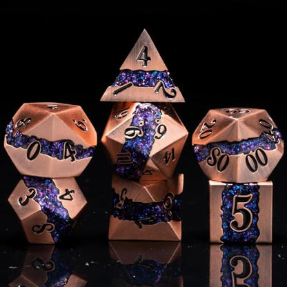 Premium Metal Dice Set for DND, 7PCS Polyhedral RPG Dice with Galaxy Glitter Inlay, Unique Metal Dice for Dungeons and Dragons Players - color: Ancient Red Copper Purple