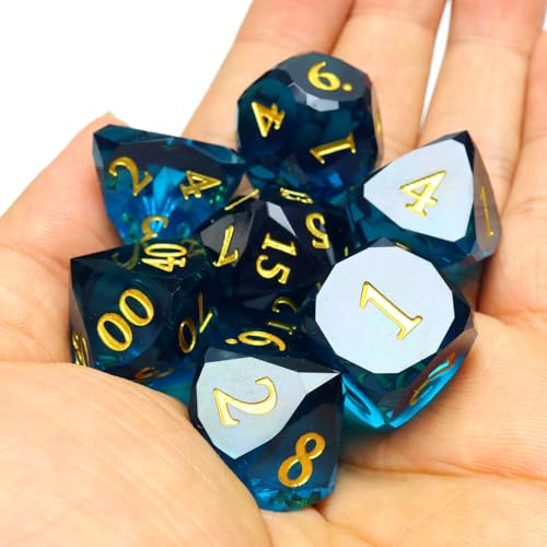 XENOLUX DND Dice Set, Sharp Edge Polyhedral Resin Dice, Deep Blue Diamond Facet Design for Dungeons and Dragons, RPG, Tabletop Games, 7-Die Set with Gold Numbers-Mixed1 - color: Rd-dark Blue
